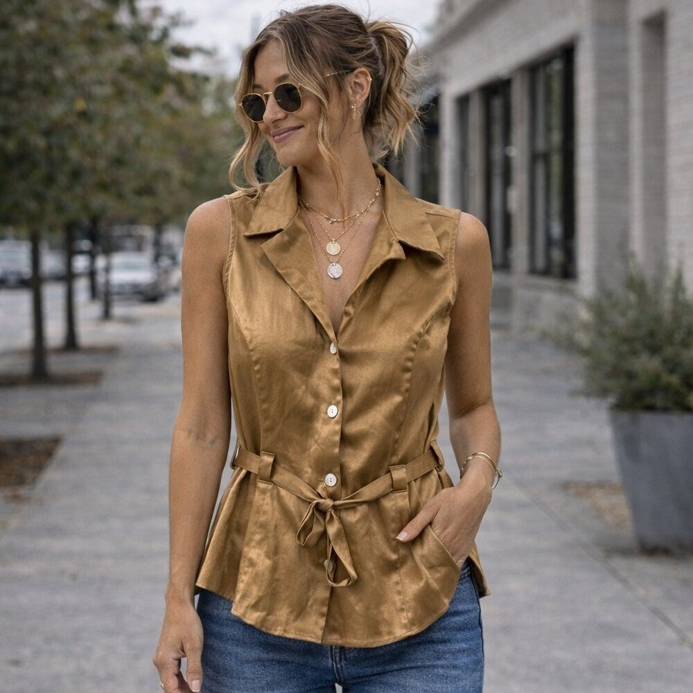 Vintage Abia by d.p. dionne Satin Sleeveless Blouse Gold Tie Waist Top 20” PTP